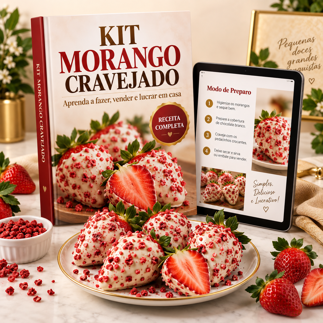 Kit Morango Cravejado com e-book e receita exibida no tablet
