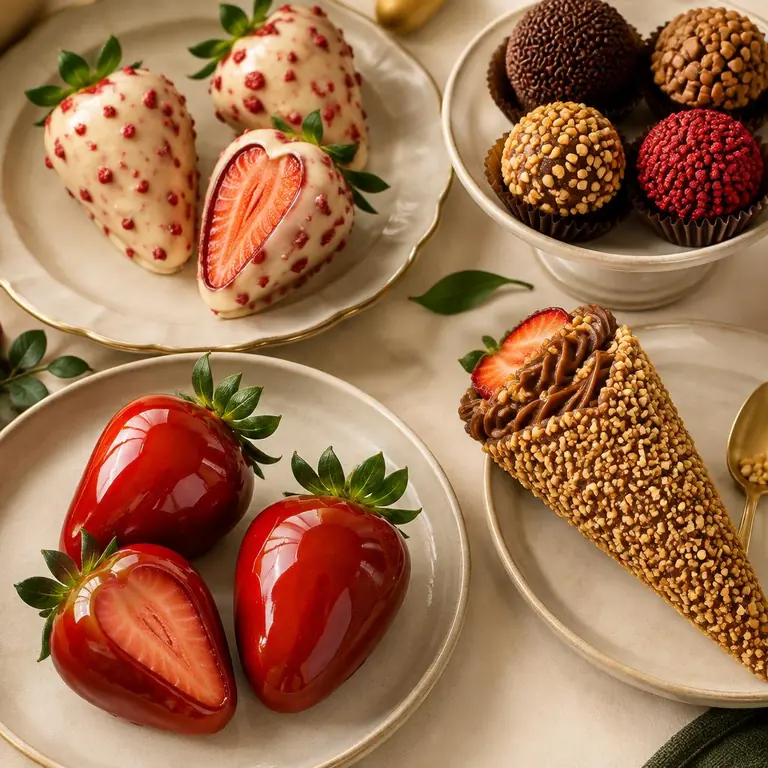 Variedade de morangos cravejados, morangos do amor, brigadeiros e cone cravejado